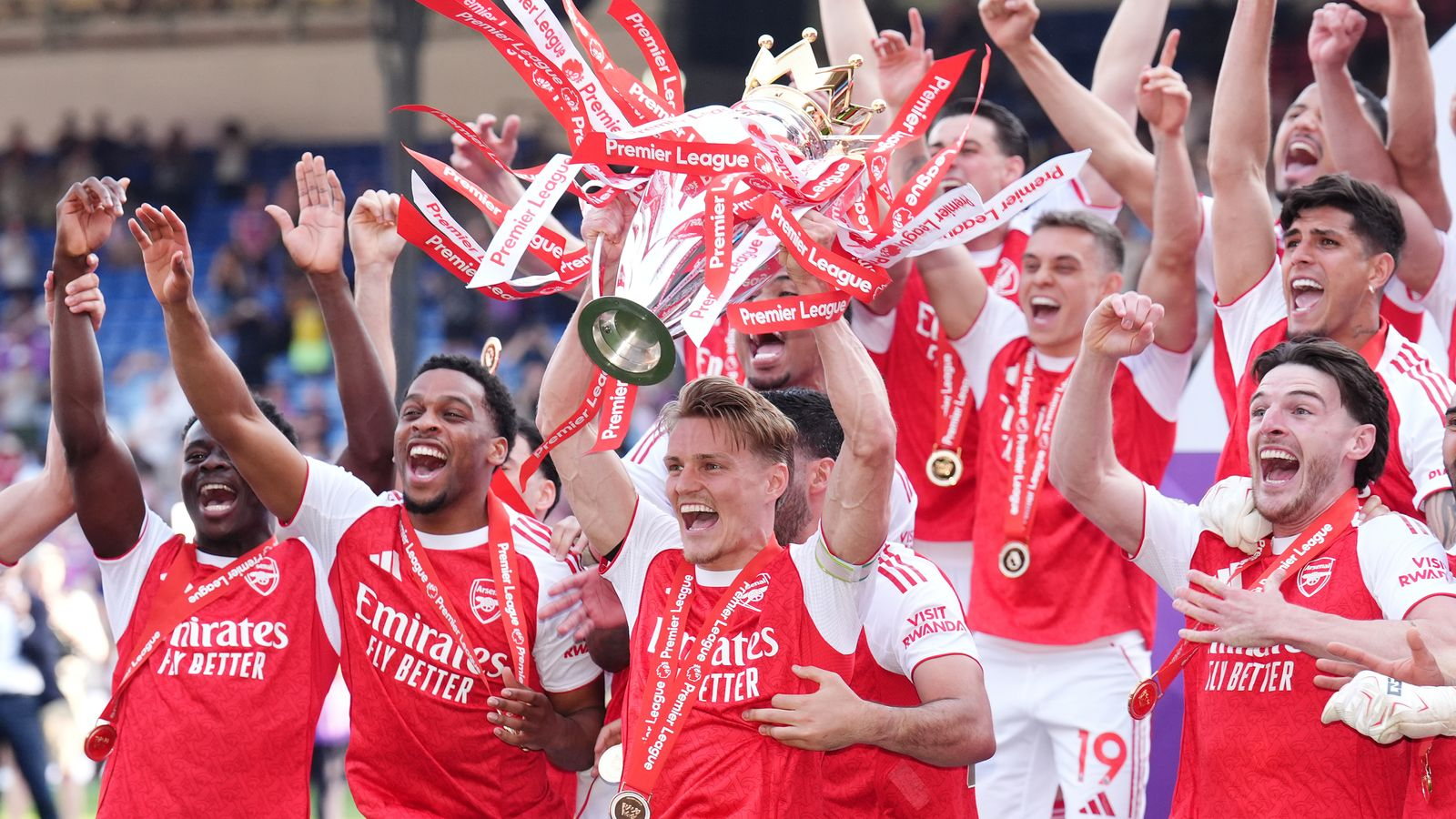 Arsenal players celebrating their 2025/26 Premier League title